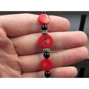 7" Sterling Silver Black Stone & Red Shell Bracelet Vintage Elegant Beautiful